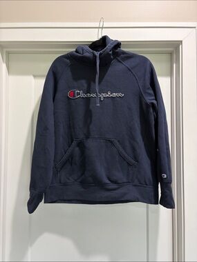 Champion Men's Navy Crewneck Hoodie with Embroidered Logo L
